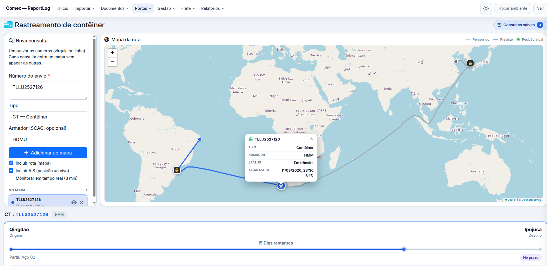 Mapa de rastreamento de contêiner no Sistema COMEX, com rota, status e prazo