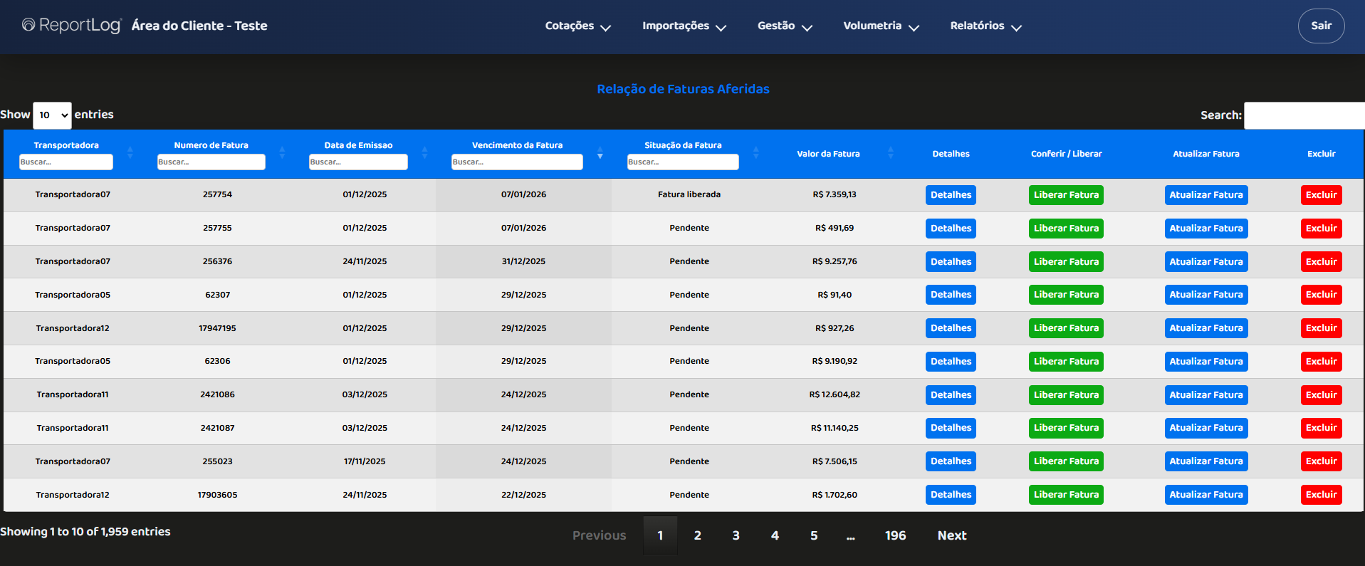 Gestão de faturas de frete